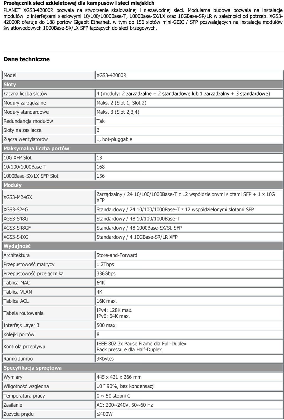 XGS3-42000R oferuje do 188 portów Gigabit Ethernet, w tym do 156 slotów mini-gbic / SFP pozwalających na instalację modułów światłowodowych 1000Base-SX/LX SFP łączących do sieci brzegowych.