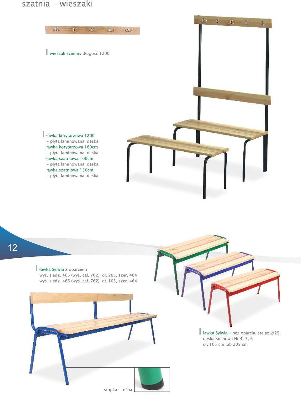 laminowana, deska 12 ławka Sylwia z oparciem wys. siedz. 465 (wys. cał. 762), dł. 205, szer. 464 wys. siedz. 465 (wys. cał. 762), dł. 105, szer.