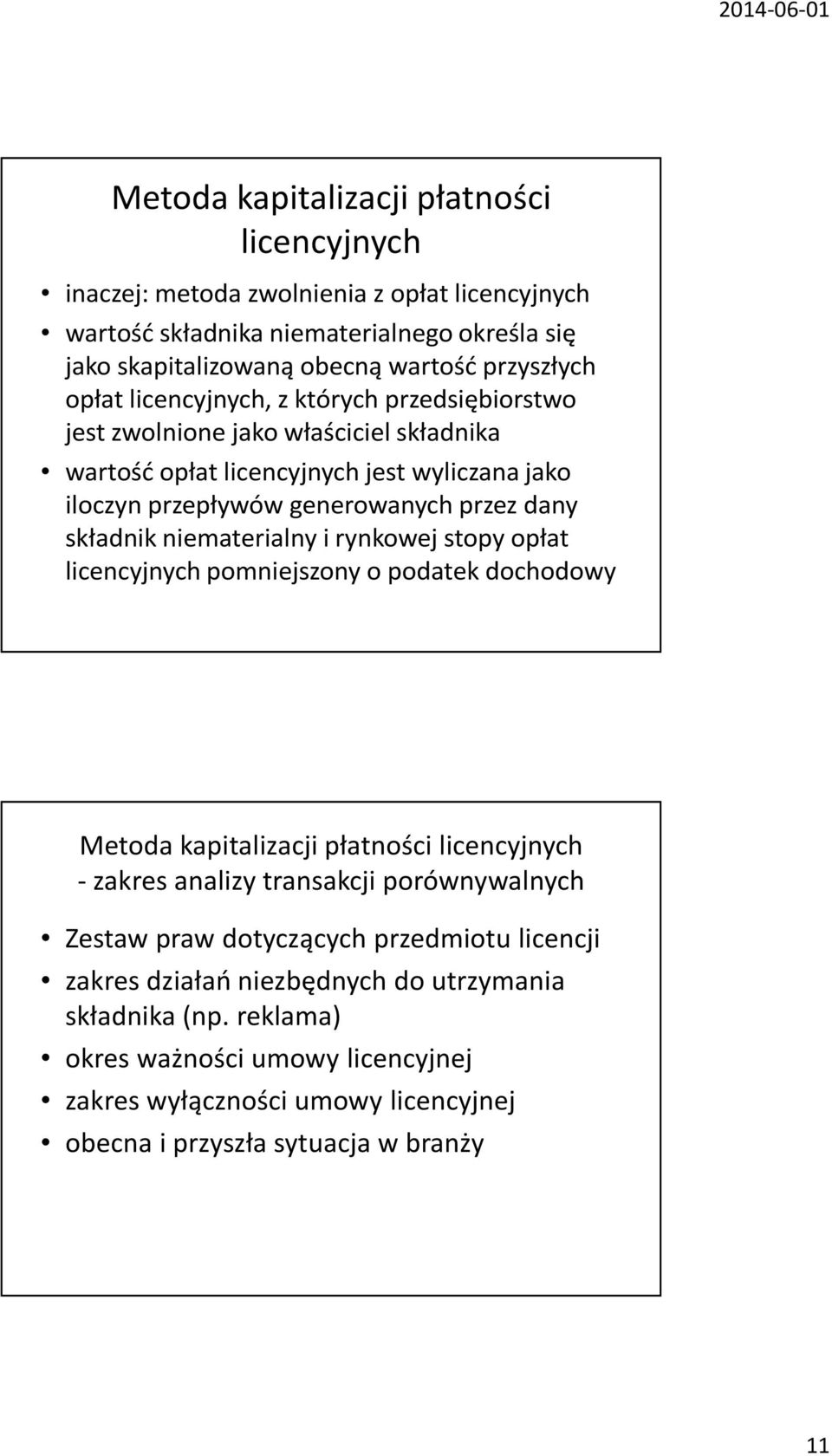 niematerialny i rynkowej stopy opłat licencyjnych pomniejszony o podatek dochodowy Metoda kapitalizacji płatności licencyjnych - zakres analizy transakcji porównywalnych Zestaw praw