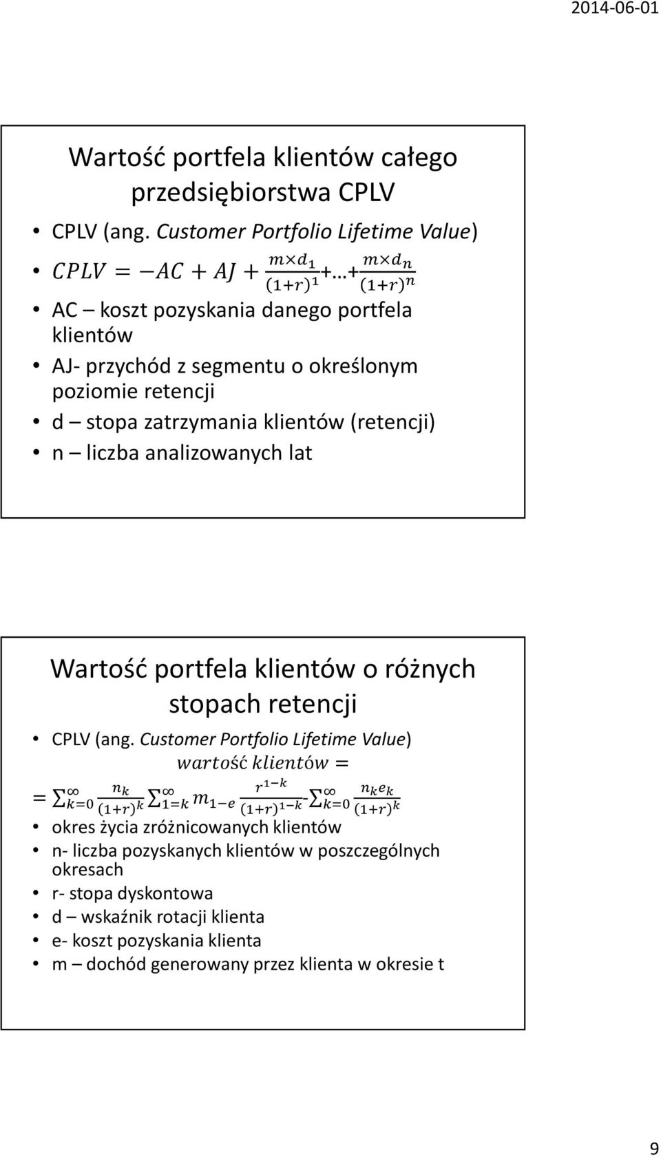 stopa zatrzymania klientów (retencji) n liczba analizowanych lat Wartość portfela klientów o różnych stopach retencji CPLV (ang.