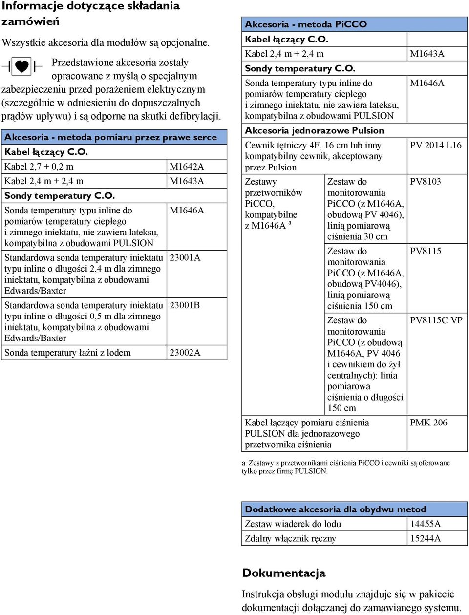 defibrylacji. Akcesoria - metoda pomiaru przez prawe serce Kabel łączący C.O.