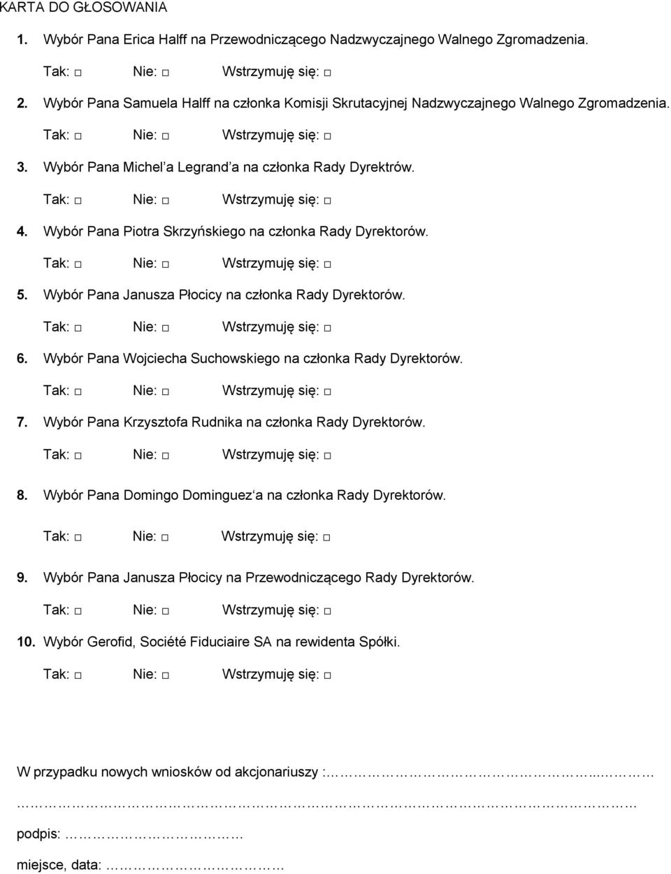Wybór Pana Piotra Skrzyńskiego na członka Rady Dyrektorów. 5. Wybór Pana Janusza Płocicy na członka Rady Dyrektorów. 6. Wybór Pana Wojciecha Suchowskiego na członka Rady Dyrektorów. 7.
