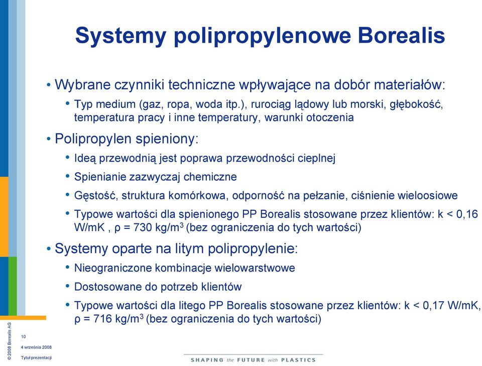 chemiczne Gęstość, struktura komórkowa, odporność na pełzanie, ciśnienie wieloosiowe Typowe wartości dla spienionego PP Borealis stosowane przez klientów: k < 0,16 W/mK, ρ = 730 kg/m 3 (bez