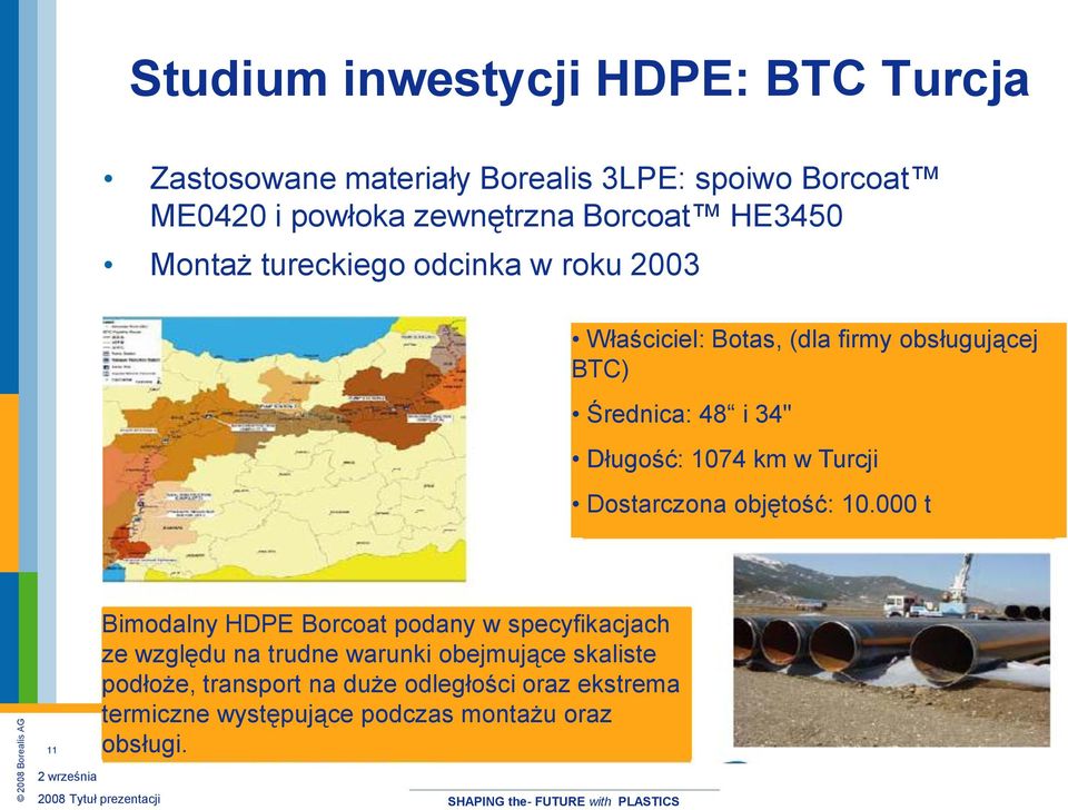 10.000 t 11 Bimodalny HDPE Borcoat podany w specyfikacjach ze względu na trudne warunki obejmujące skaliste podłoże, transport na duże odległości