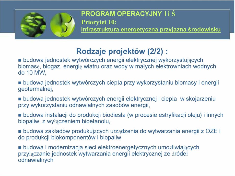 elektrycznej i ciepła w skojarzeniu przy wykorzystaniu odnawialnych zasobów energii, budowa instalacji do produkcji biodiesla (w procesie estryfikacji oleju) i innych biopaliw, z wyłączeniem