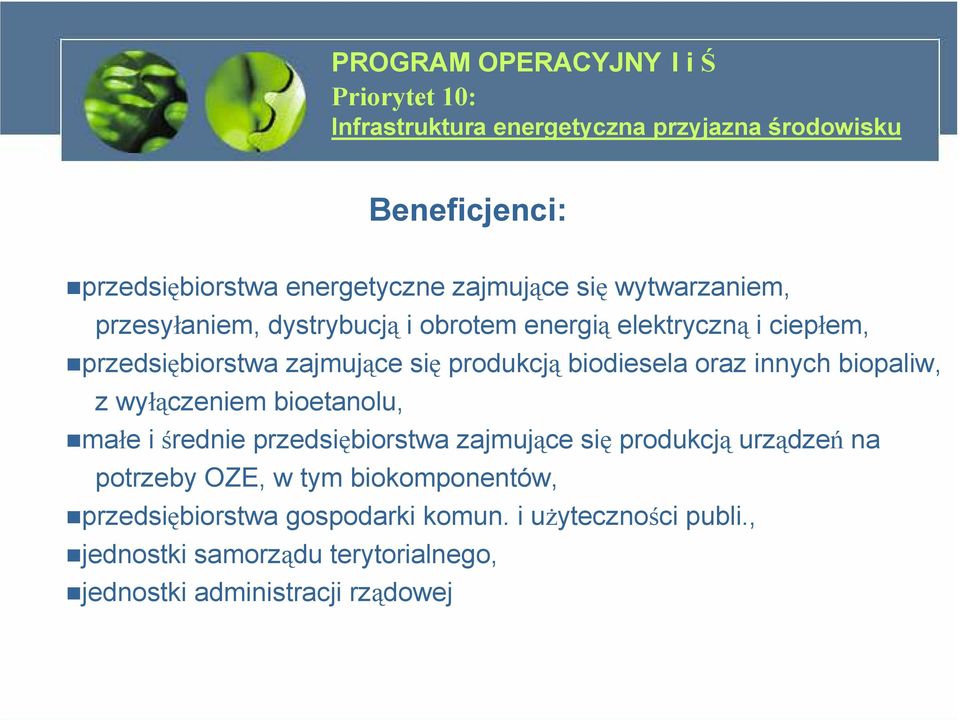 biodiesela oraz innych biopaliw, z wyłączeniem bioetanolu, małe i średnie przedsiębiorstwa zajmujące się produkcją urządzeń na potrzeby