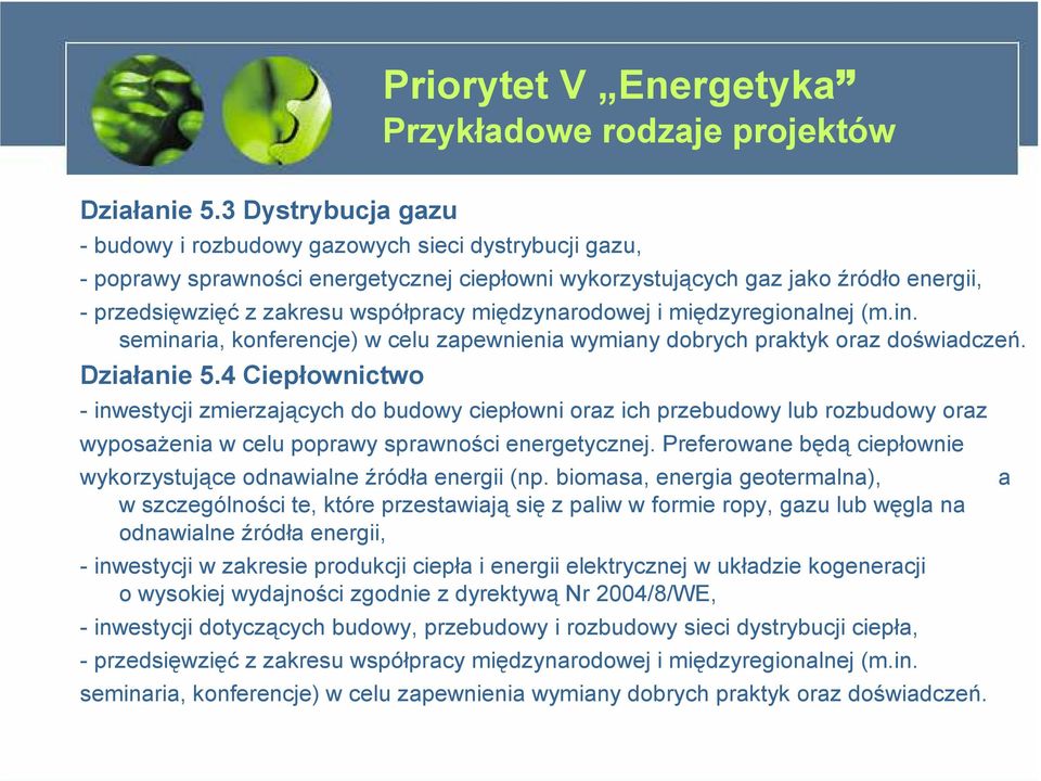 międzynarodowej i międzyregionalnej (m.in. seminaria, konferencje) w celu zapewnienia wymiany dobrych praktyk oraz doświadczeń. Działanie 5.