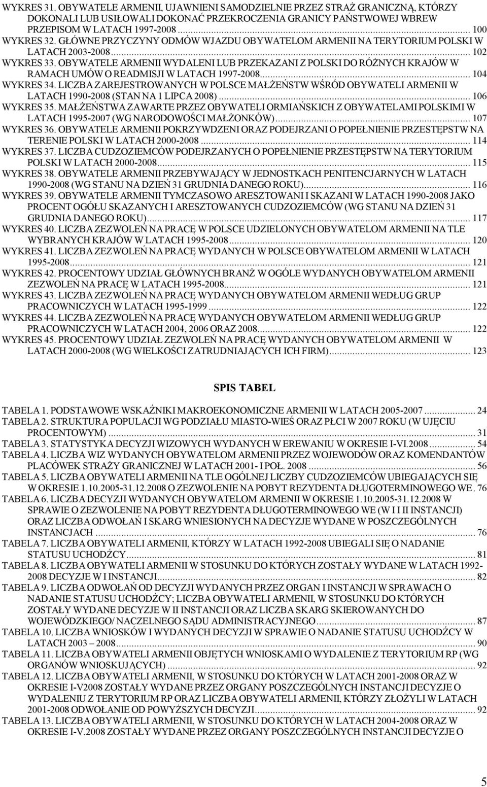 OBYWATELE ARMENII WYDALENI LUB PRZEKAZANI Z POLSKI DO RÓŻNYCH KRAJÓW W RAMACH UMÓW O READMISJI W LATACH 1997-2008... 104 WYKRES 34.