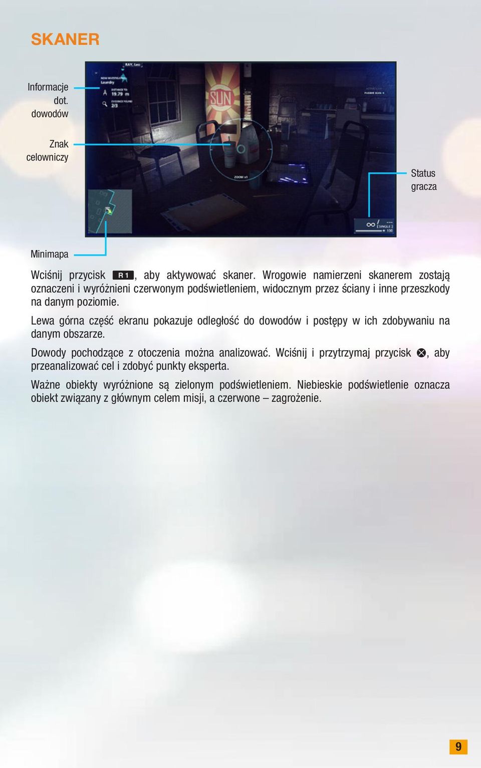 Lewa górna część ekranu pokazuje odległość do dowodów i postępy w ich zdobywaniu na danym obszarze. Dowody pochodzące z otoczenia można analizować.