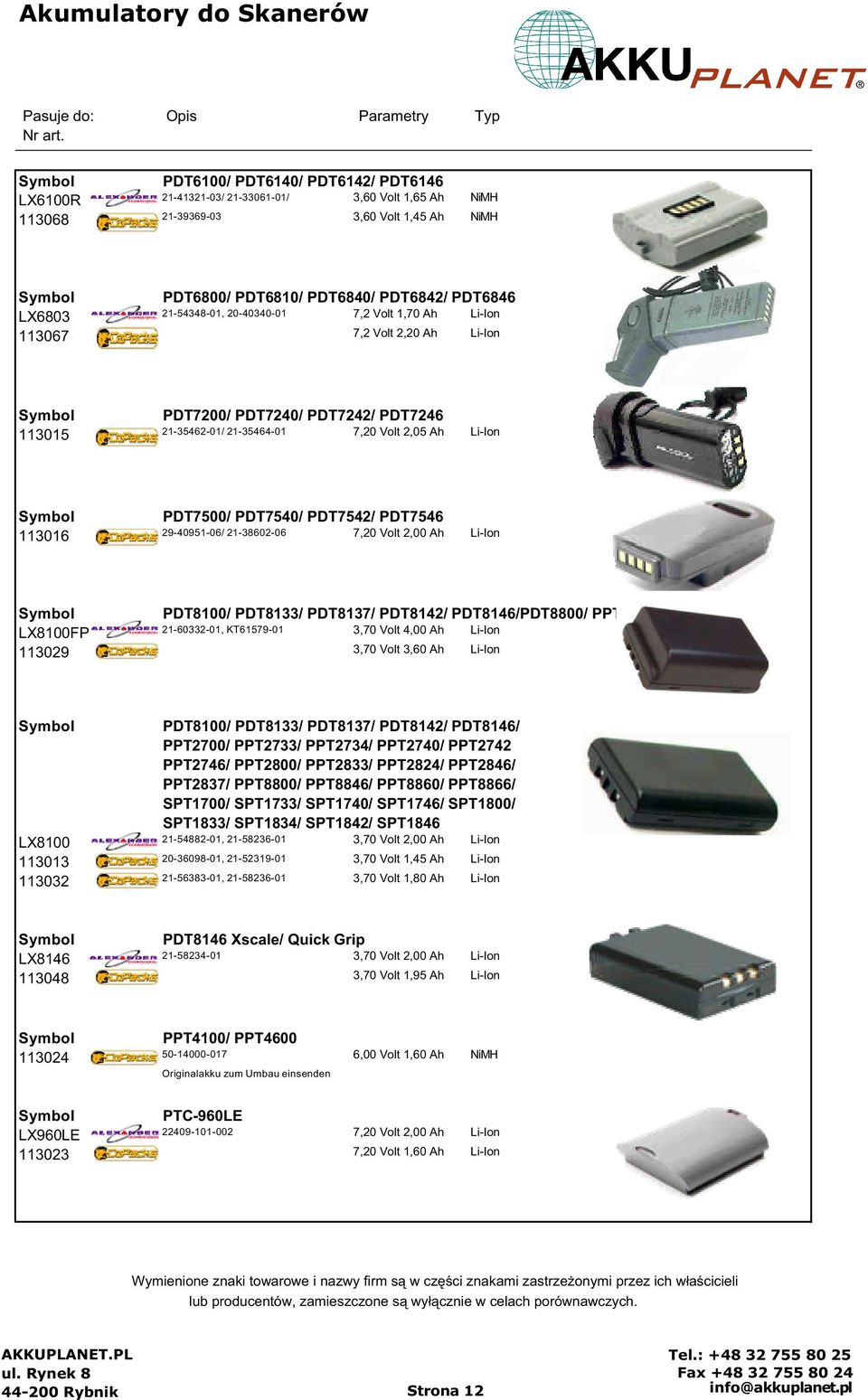 2,05 Ah Li-Ion PDT7500/ PDT7540/ PDT7542/ PDT7546 29-40951-06/ 21-38602-06 113016 7,20 Volt 2,00 Ah Li-Ion PDT8100/ PDT8133/ PDT8137/ PDT8142/ PDT8146/PDT8800/ PPT2200 LX8100FP 21-60332-01,