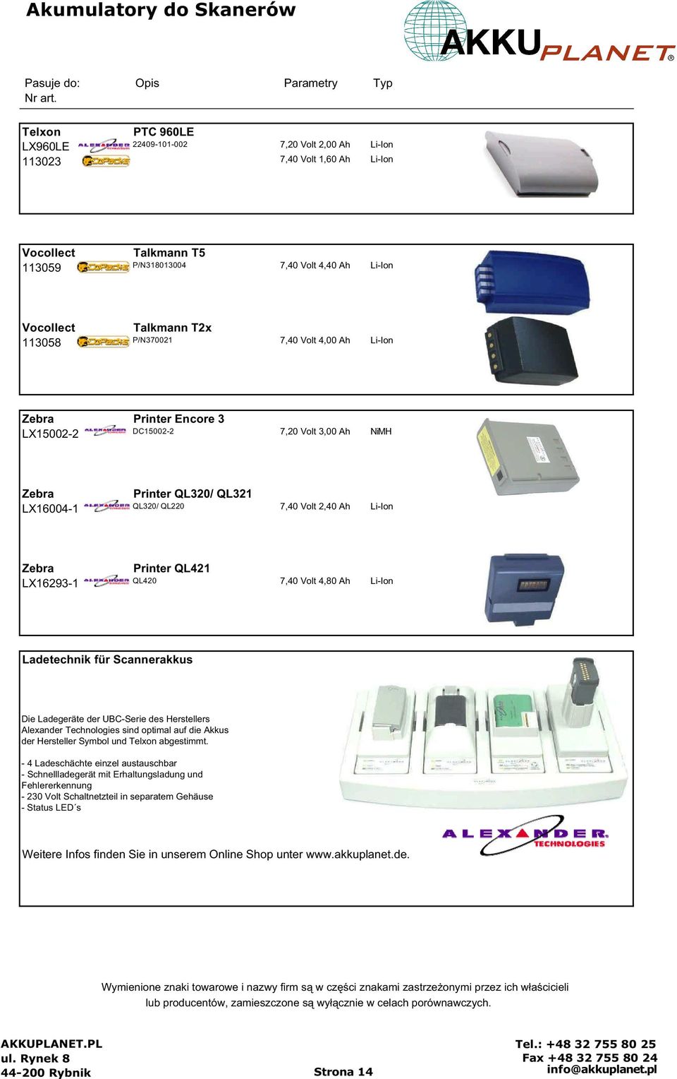 QL220 7,40 Volt 2,40 Ah Li-Ion Zebra Printer QL421 LX16293-1 QL420 7,40 Volt 4,80 Ah Li-Ion Ladetechnik für Scannerakkus Die Ladegeräte der UBC-Serie des Herstellers Alexander Technologies sind