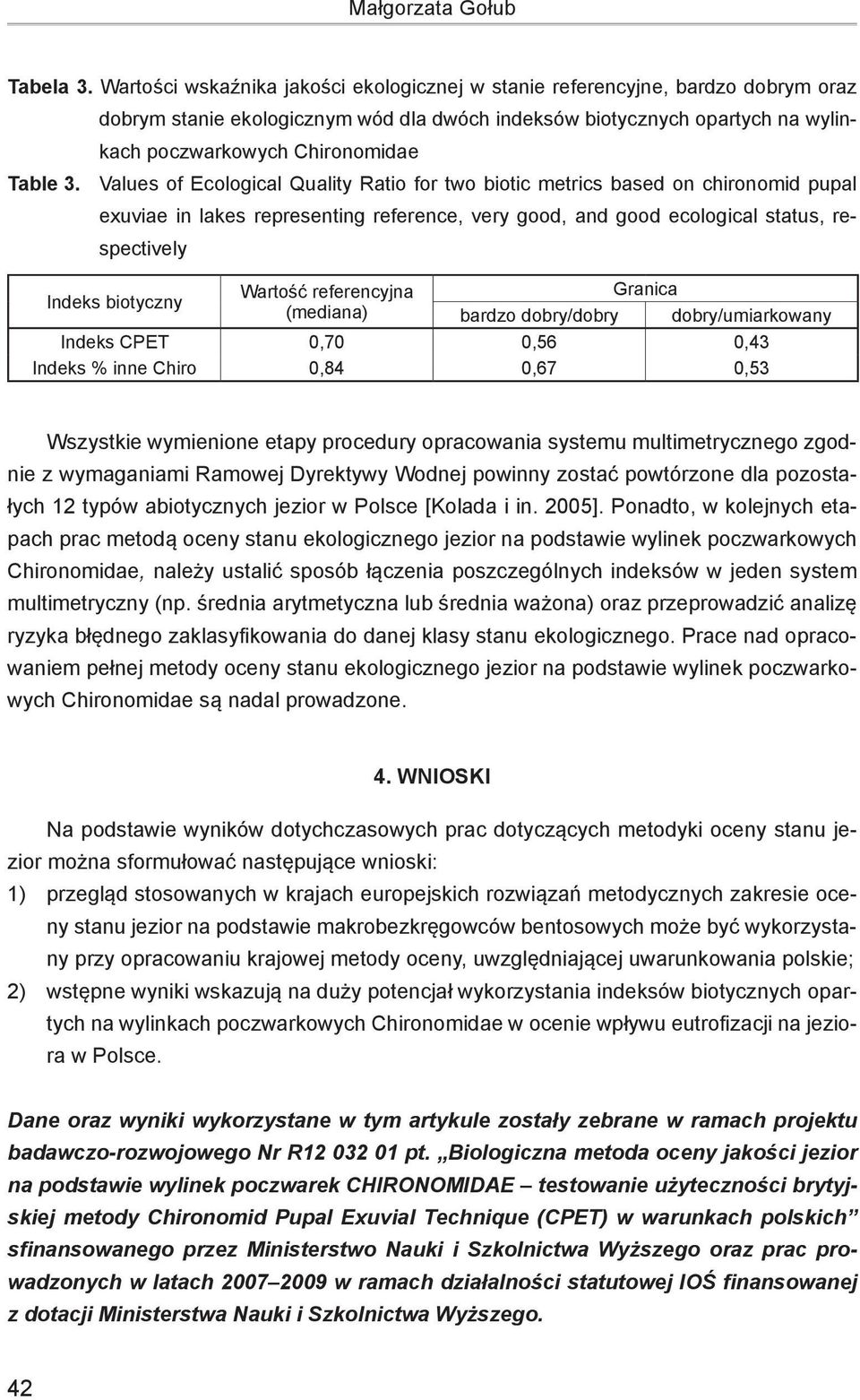 3. Values of Ecological Quality Ratio for two biotic metrics based on chironomid pupal exuviae in lakes representing reference, very good, and good ecological status, respectively Indeks biotyczny
