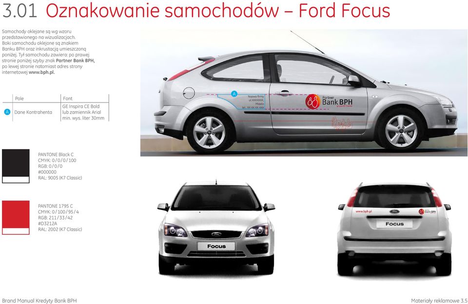 Tył samochodu zawiera: po prawej stronie poniżej szyby znak Partner Bank BPH, po lewej stronie natomiast adres strony internetowej www.bph.pl.
