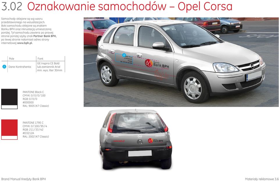 Tył samochodu zawiera: po prawej stronie poniżej szyby znak Partner Bank BPH, po lewej stronie natomiast adres strony internetowej www.bph.pl.