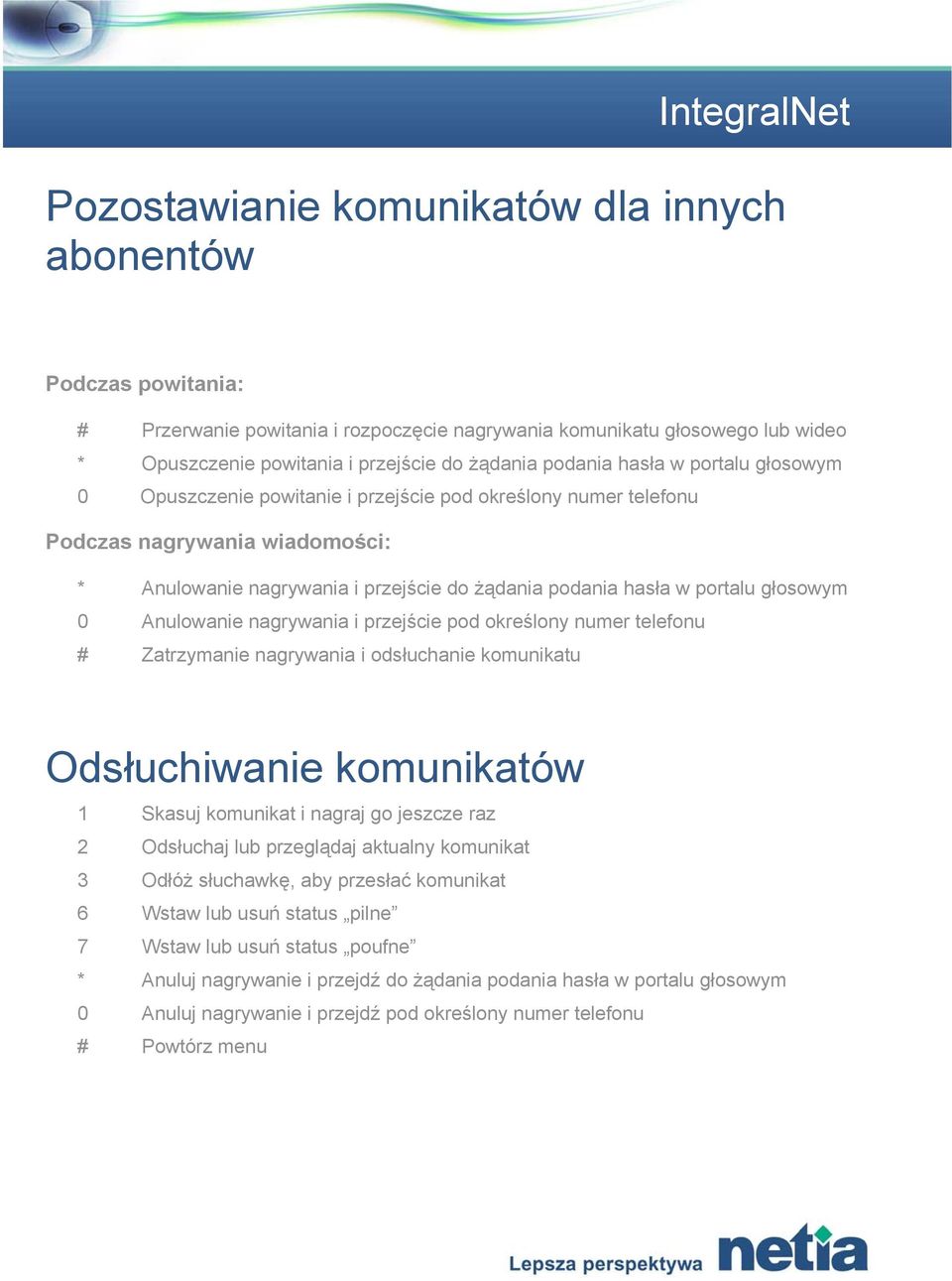 głosowym 0 Anulowanie nagrywania i przejście pod określony numer telefonu # Zatrzymanie nagrywania i odsłuchanie komunikatu Odsłuchiwanie komunikatów 1 Skasuj komunikat i nagraj go jeszcze raz 2