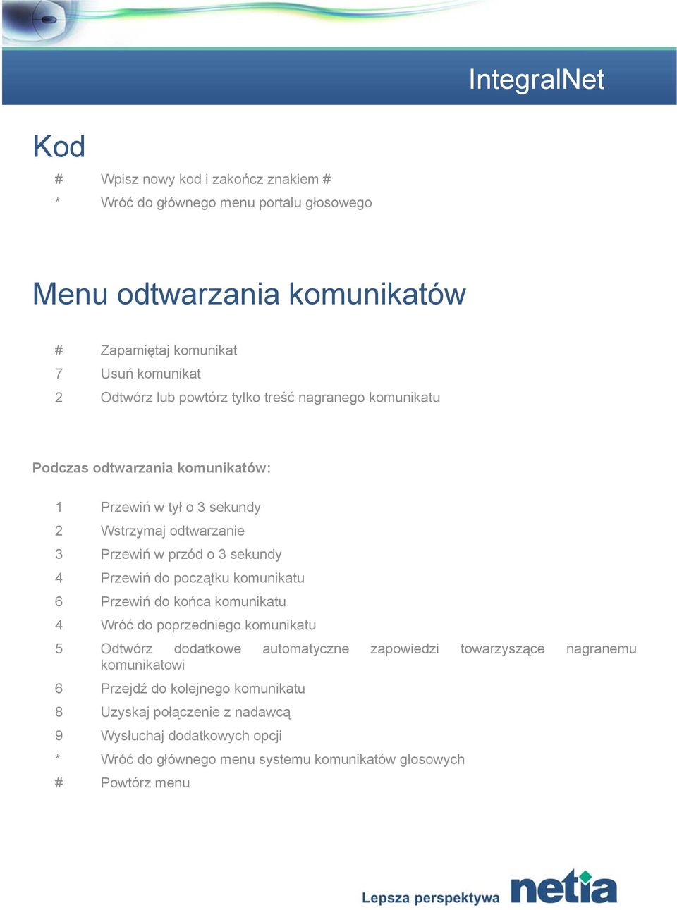 Przewiń do początku komunikatu 6 Przewiń do końca komunikatu 4 Wróć do poprzedniego komunikatu 5 Odtwórz dodatkowe automatyczne zapowiedzi towarzyszące nagranemu