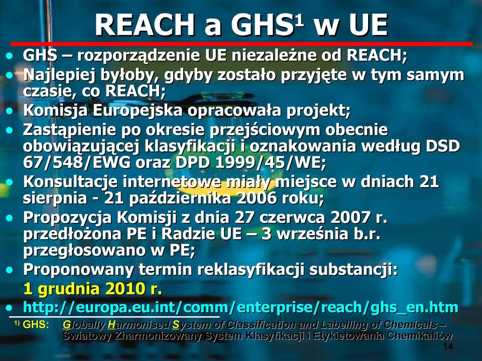 października 2006 roku; Propozycja Komisji z dnia 27 czerwca 2007 r. przedłożona PE i Radzie UE 3 września b.r. przegłosowano w PE; Proponowany termin reklasyfikacji substancji: 1 grudnia 2010 r.