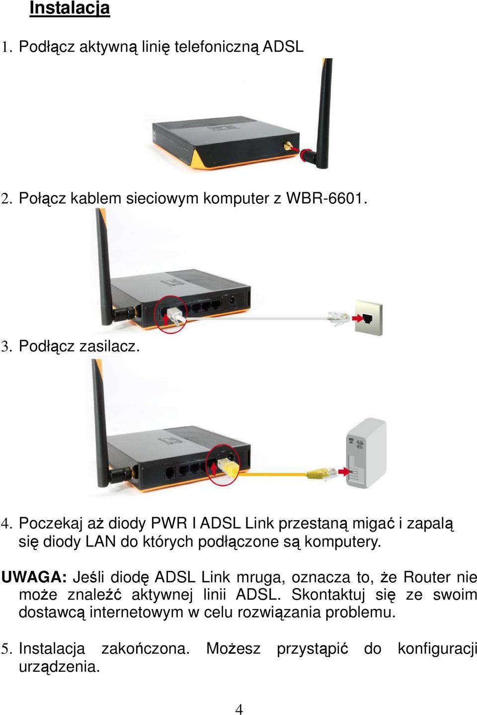 Poczekaj aŝ diody PWR I ADSL Link przestaną migać i zapalą się diody LAN do których podłączone są komputery.