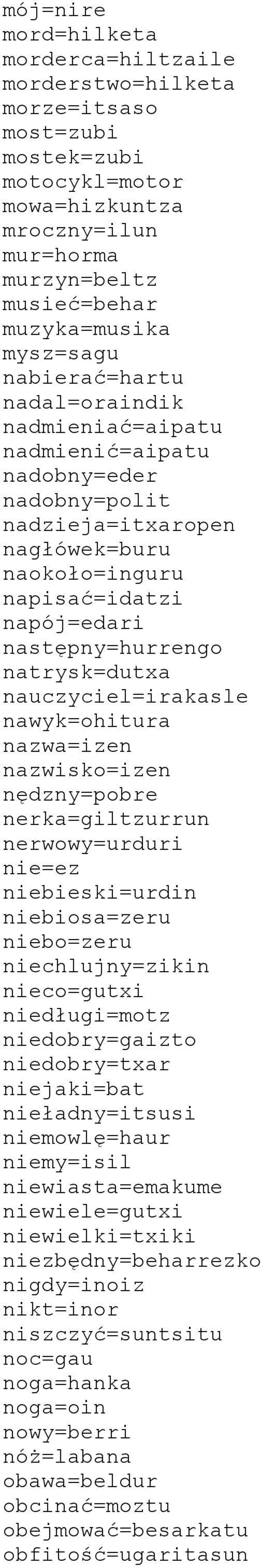 nauczyciel=irakasle nawyk=ohitura nazwa=izen nazwisko=izen nędzny=pobre nerka=giltzurrun nerwowy=urduri nie=ez niebieski=urdin niebiosa=zeru niebo=zeru niechlujny=zikin nieco=gutxi niedługi=motz