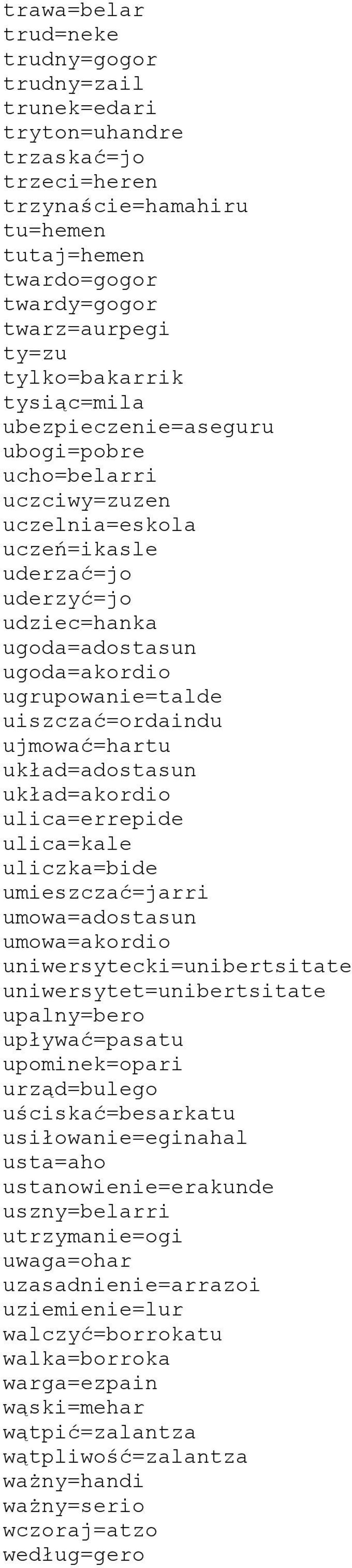 uiszczać=ordaindu ujmować=hartu układ=adostasun układ=akordio ulica=errepide ulica=kale uliczka=bide umieszczać=jarri umowa=adostasun umowa=akordio uniwersytecki=unibertsitate