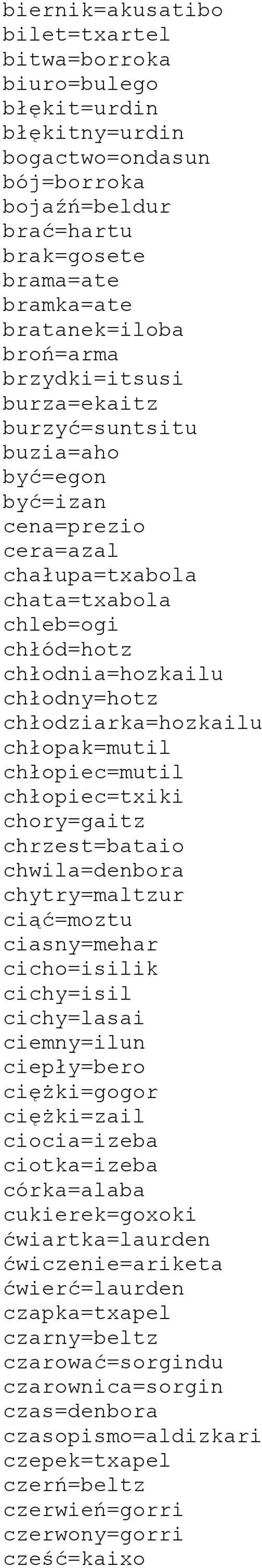 chłopak=mutil chłopiec=mutil chłopiec=txiki chory=gaitz chrzest=bataio chwila=denbora chytry=maltzur ciąć=moztu ciasny=mehar cicho=isilik cichy=isil cichy=lasai ciemny=ilun ciepły=bero ciężki=gogor