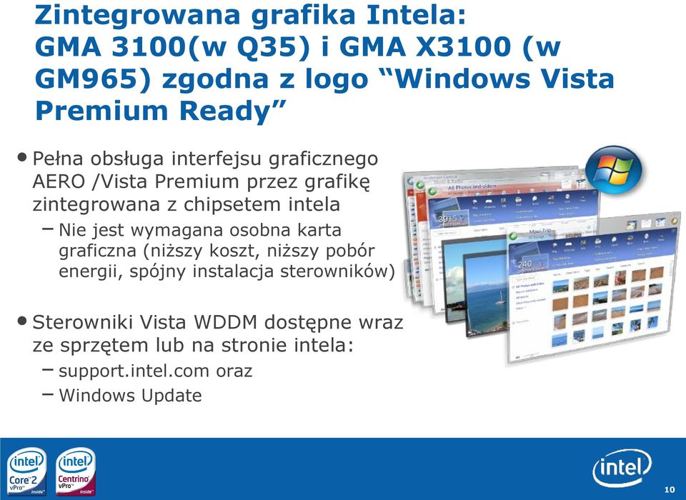 intela Nie jest wymagana osobna karta graficzna (niższy koszt, niższy pobór energii, spójny instalacja