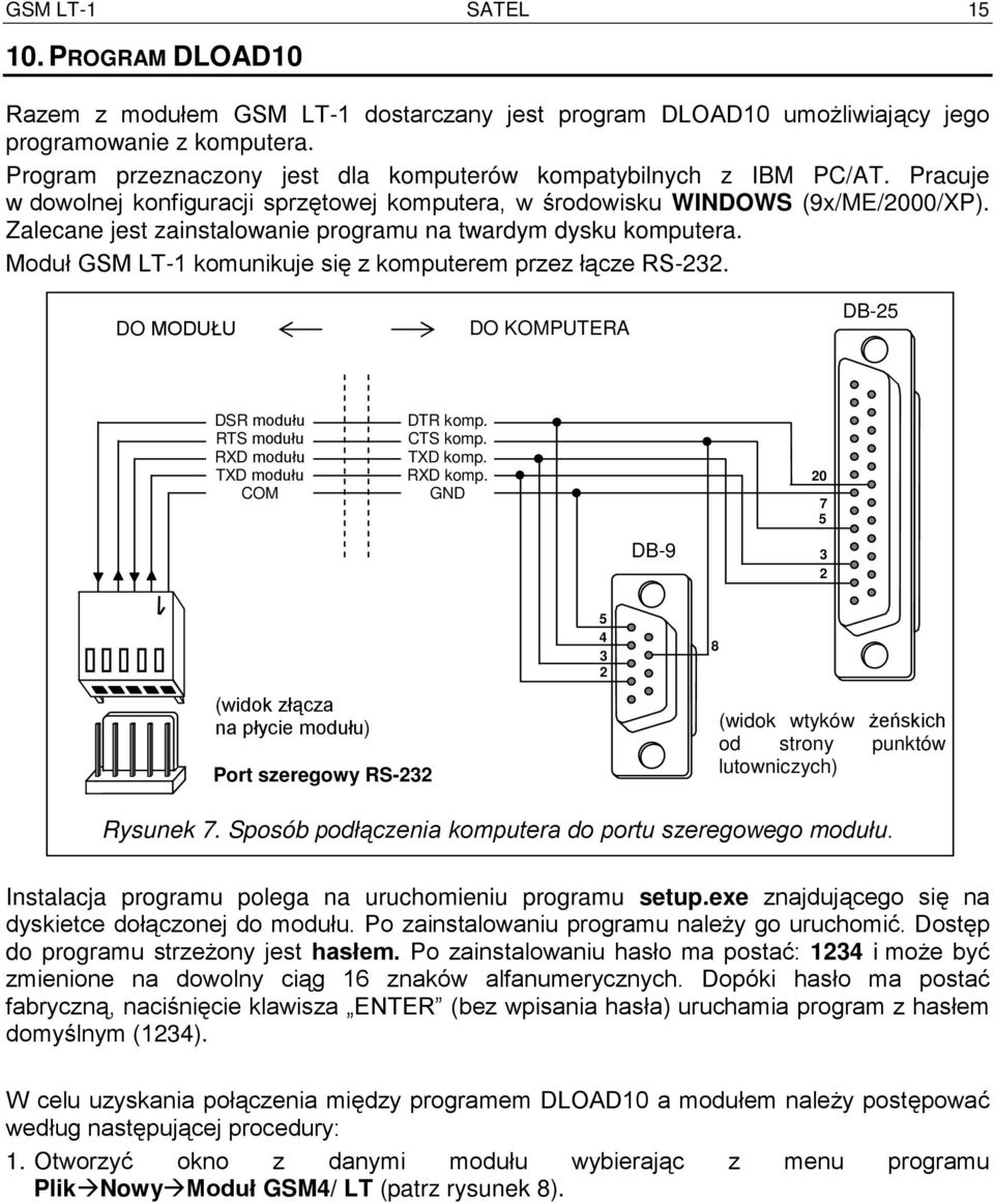 Zalecane jest zainstalowanie programu na twardym dysku komputera. Moduł GSM LT-1 komunikuje się z komputerem przez łącze RS-232.