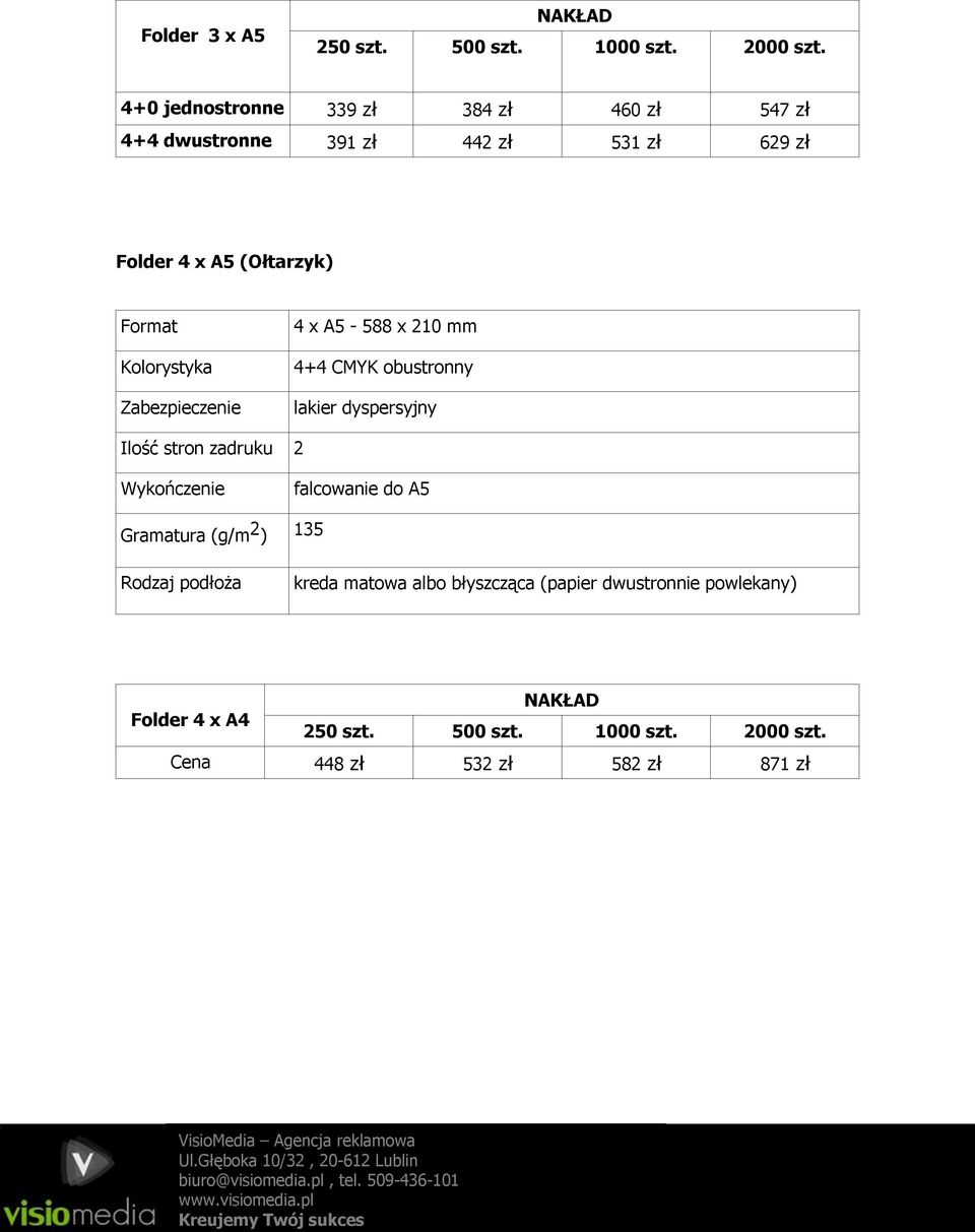 A5 (Ołtarzyk) Format Zabezpieczenie 4 x A5-588 x 210 mm 4+4 CMYK obustronny lakier dyspersyjny Ilość