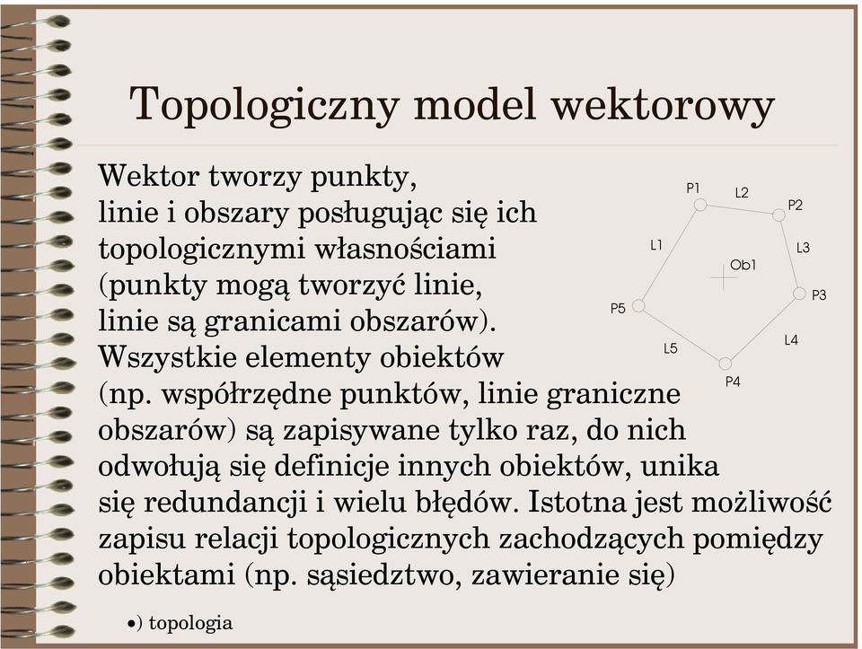 współrzędne punktów, linie graniczne obszarów) są zapisywane tylko raz, do nich odwołują się definicje innych obiektów, unika się