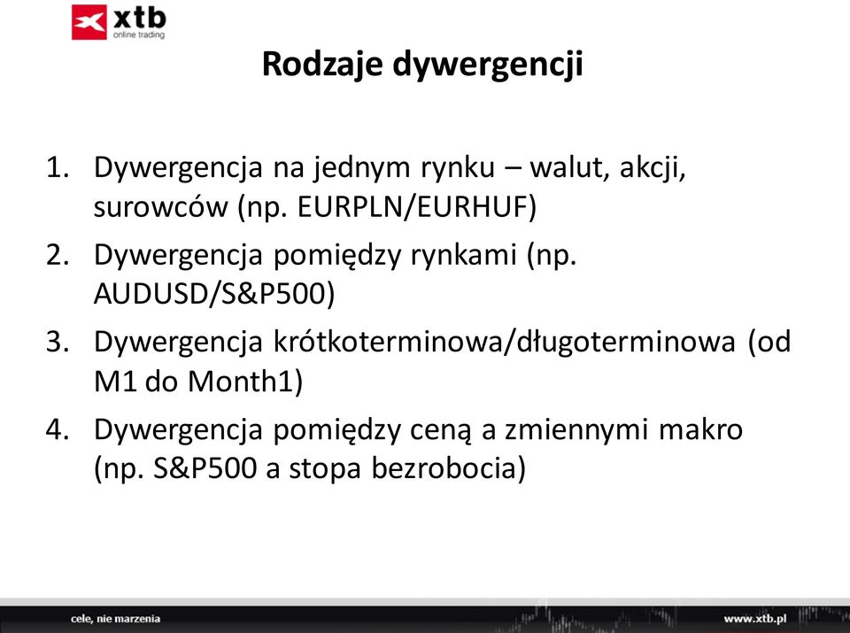 EURPLN/EURHUF) 2. Dywergencja pomiędzy rynkami (np. AUDUSD/S&P500) 3.