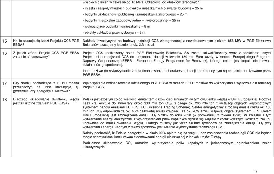 zabudowy jedno i wielorodzinnej 25 m - wolnostojące budynki niemieszkalne 9 m - obiekty zakładów przemysłowych 9 m. 15 Na ile szacuje się koszt Projektu CCS PGE EBSA?