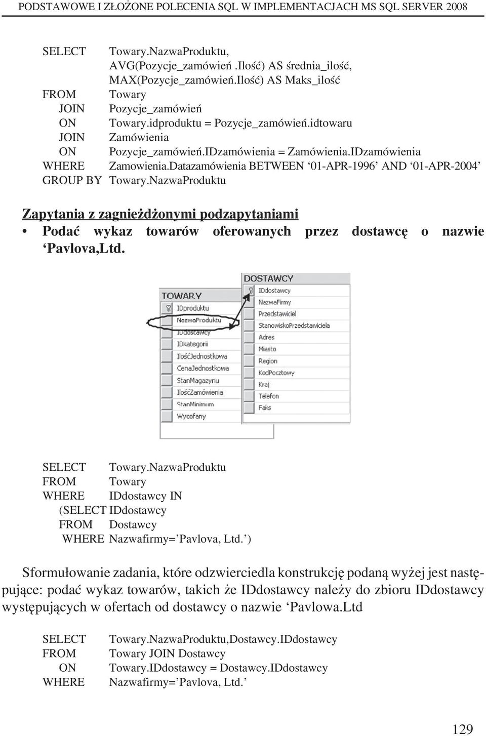 Datazamówienia BETWEEN 01-APR-1996 AND 01-APR-2004 GROUP BY Towary.NazwaProduktu Zapytania z zagnieżdżonymi podzapytaniami Podać wykaz towarów oferowanych przez dostawcę o nazwie Pavlova,Ltd.