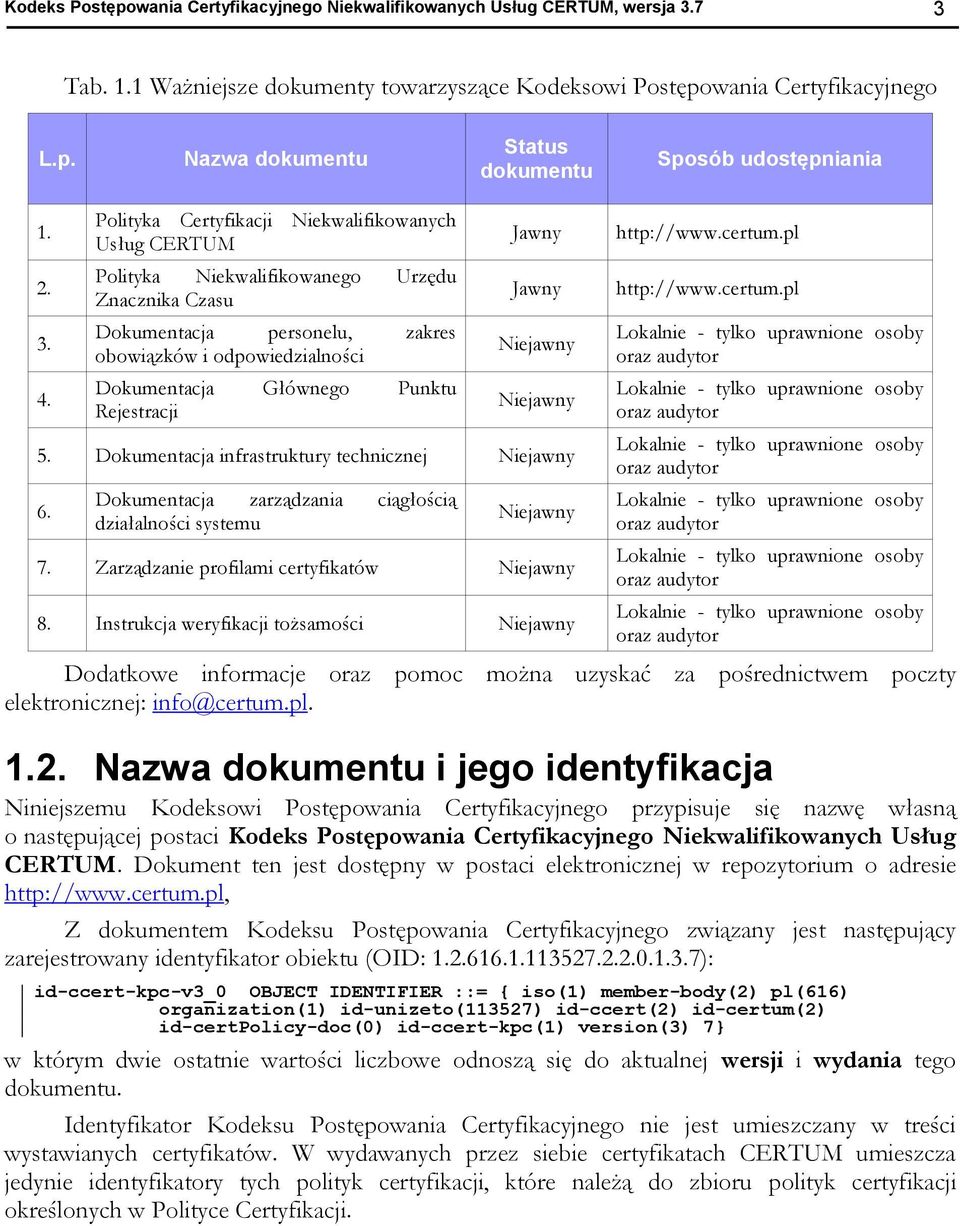 Polityka Certyfikacji Niekwalifikowanych Usług CERTUM Polityka Niekwalifikowanego Urzędu Znacznika Czasu Dokumentacja personelu, zakres obowiązków i odpowiedzialności Dokumentacja Głównego Punktu