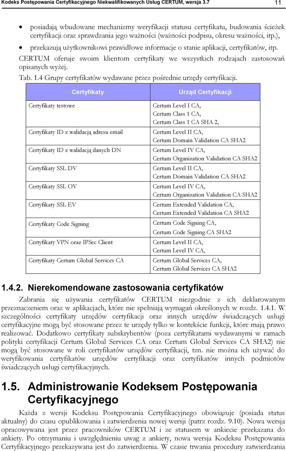 ), przekazują użytkownikowi prawidłowe informacje o stanie aplikacji, certyfikatów, itp. CERTUM oferuje swoim klientom certyfikaty we wszystkich rodzajach zastosowań opisanych wyżej. Tab. 1.