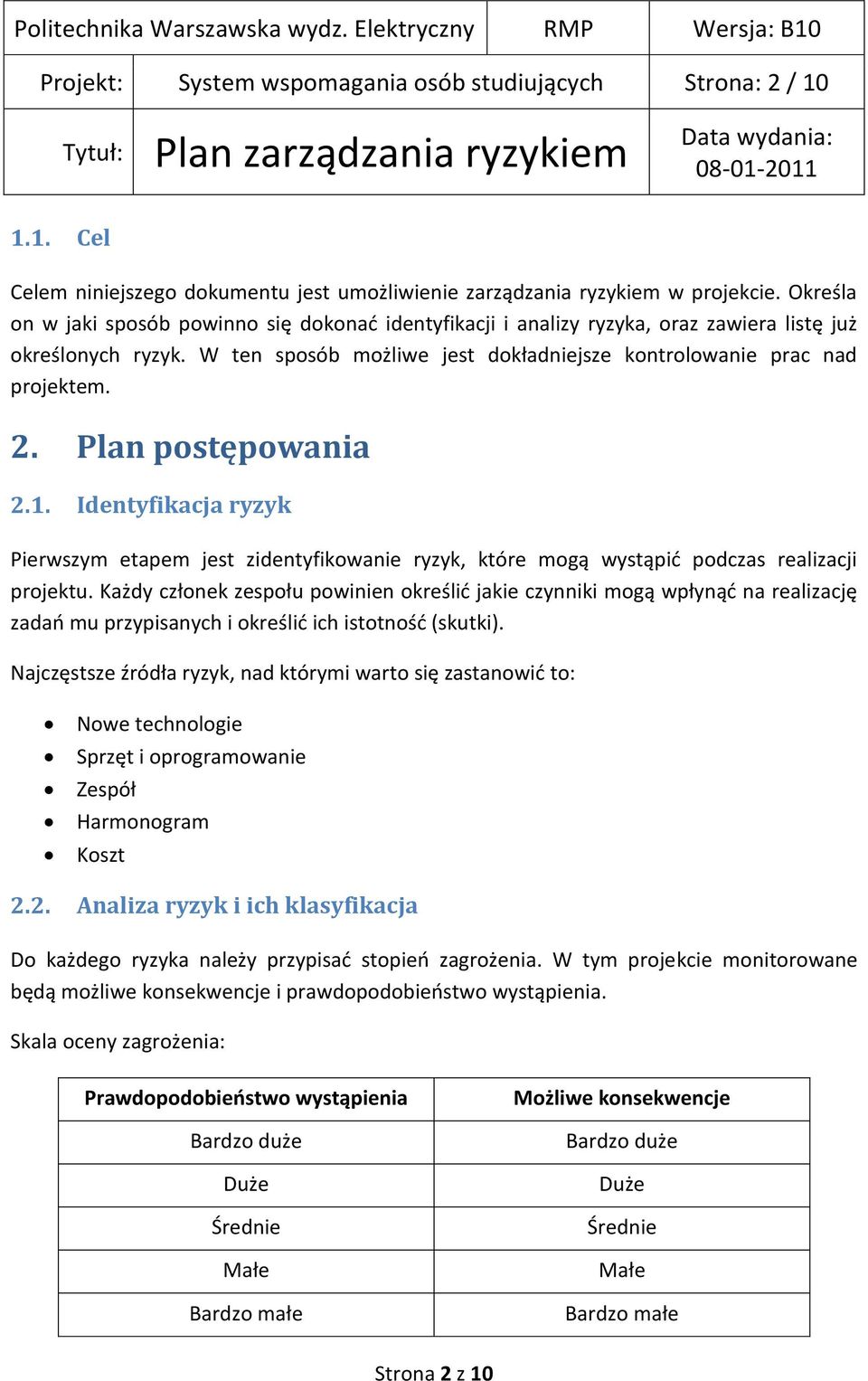 Plan postępowania 2.1. Identyfikacja ryzyk Pierwszym etapem jest zidentyfikowanie ryzyk, które mogą wystąpid podczas realizacji projektu.