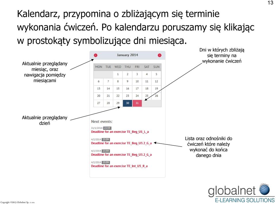 Aktualnie przeglądany miesiąc, oraz nawigacja pomiędzy miesiącami Dni w których zbliżają się