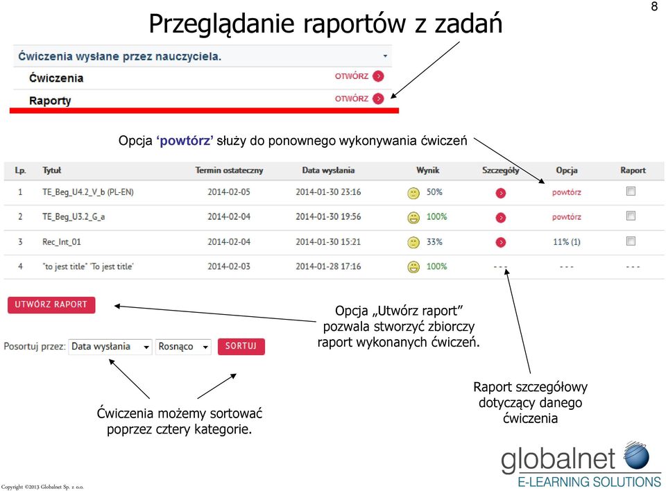 stworzyć zbiorczy raport wykonanych ćwiczeń.