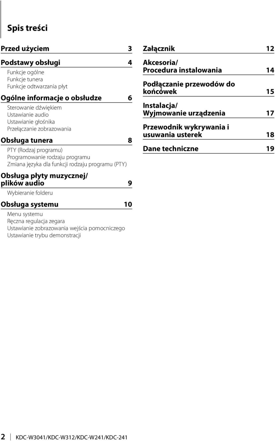 audio 9 Wybieranie folderu Obsługa systemu 10 Menu systemu Ręczna regulacja zegara Ustawianie zobrazowania wejścia pomocniczego Ustawianie trybu demonstracji Załącznik 12 Akcesoria/