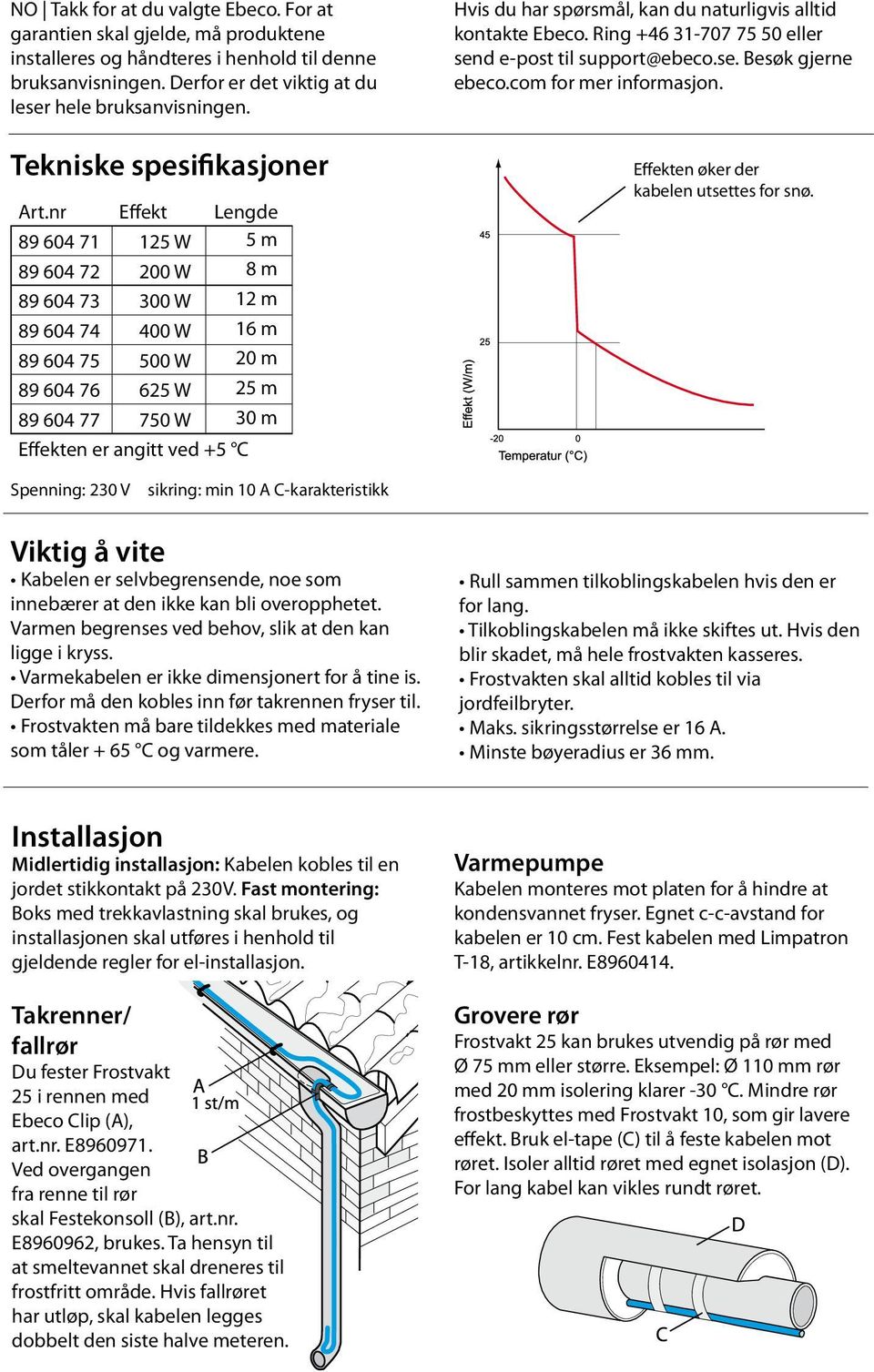 com for mer informasjon. Effekten øker der kabelen utsettes for snø.