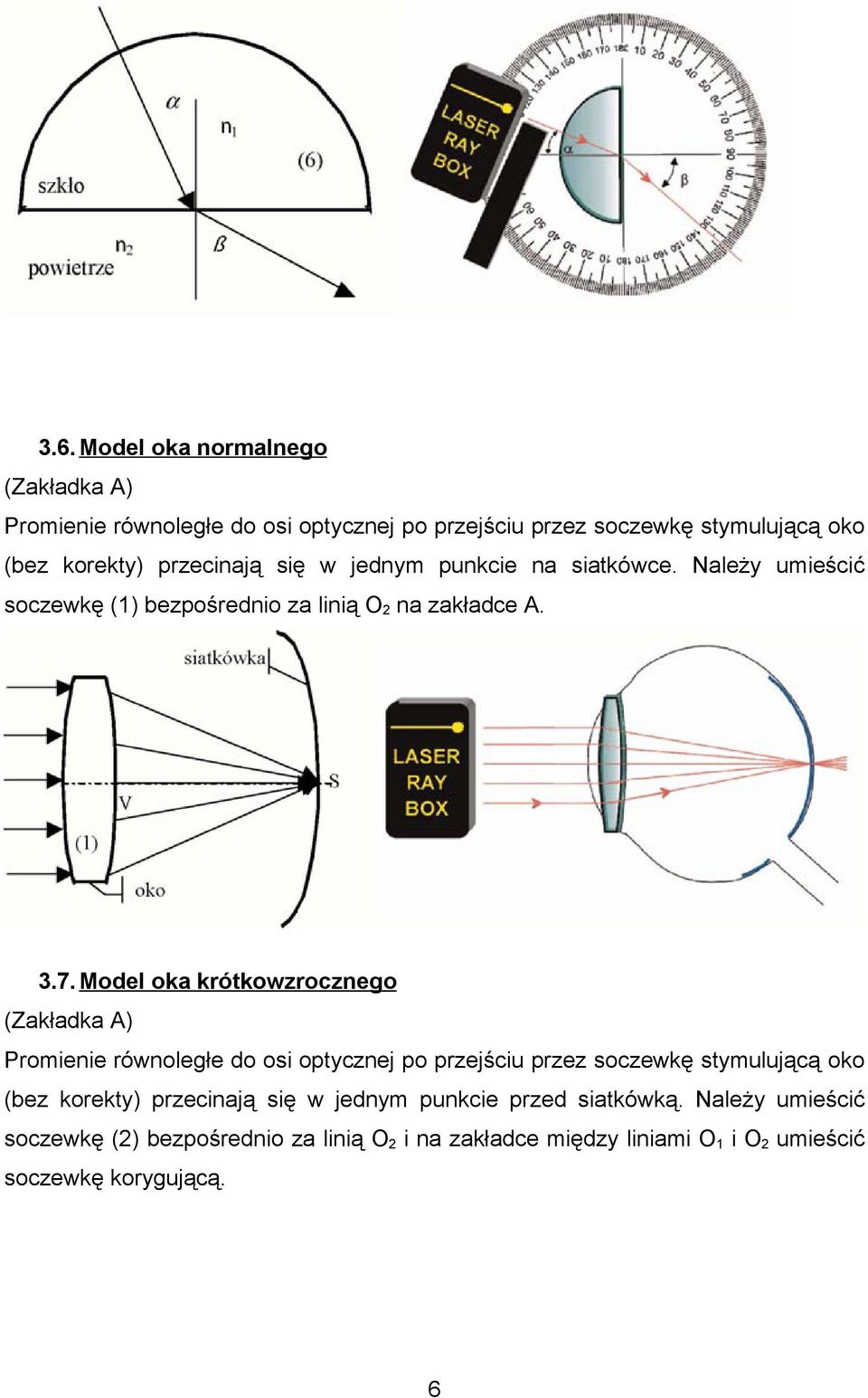 Model oka krótkowzrocznego (Zakładka A) Promienie równoległe do osi optycznej po przejściu przez soczewkę stymulującą oko (bez korekty)