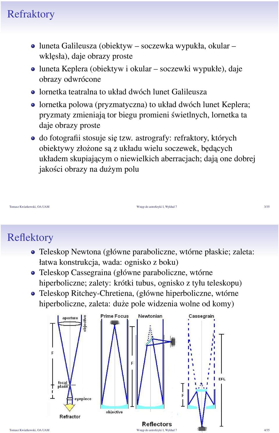 astrografy: refraktory, których obiektywy złożone są z układu wielu soczewek, będących układem skupiającym o niewielkich aberracjach; dają one dobrej jakości obrazy na dużym polu Tomasz Kwiatkowski,