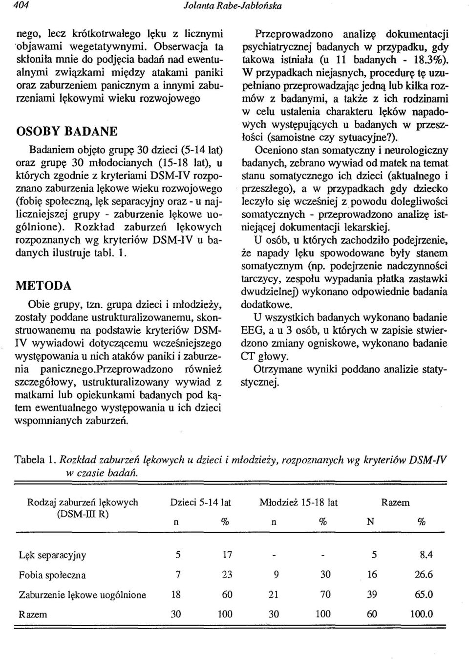 objęto grupę 30 dzieci (5-14 lat) oraz grupę 30 młodocianych (15-18 lat), u których zgodnie z kryteriami DSM-IV rozpoznano zaburzenia lękowe wieku rozwojowego (fobię społeczną, lęk separacyjny oraz -