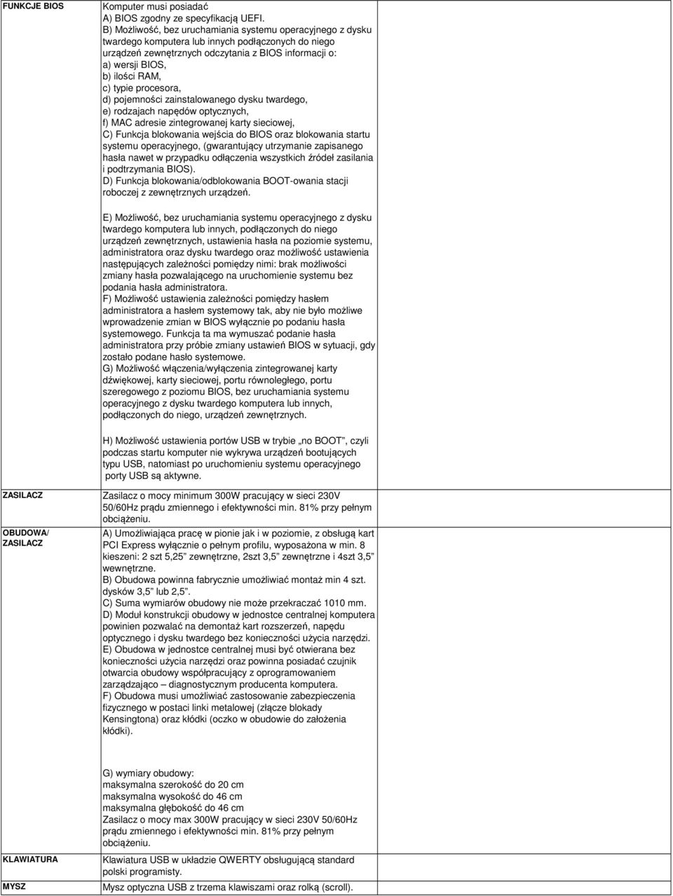 typie procesora, d) pojemności zainstalowanego dysku twardego, e) rodzajach napędów optycznych, f) MAC adresie zintegrowanej karty sieciowej, C) Funkcja blokowania wejścia do BIOS oraz blokowania