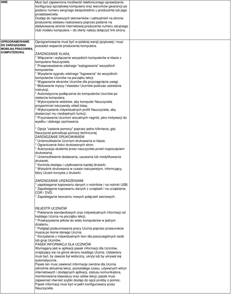 oferty należy dołączyć link strony. OPROGRAMOWANIE DO ZARZĄDZANIA MOBILNĄ PRACOWNIĄ KOMPUTEROWĄ Oprogramowanie musi być w polskiej wersji językowej i musi posiadać wsparcie producenta komputera.