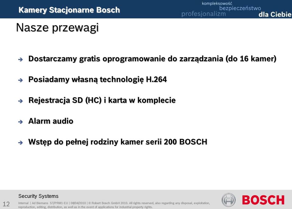 264 Rejestracja SD (HC) i karta w komplecie Alarm audio Wstęp do pełnej rodziny kamer serii 200 BOSCH 12 Internal Ad