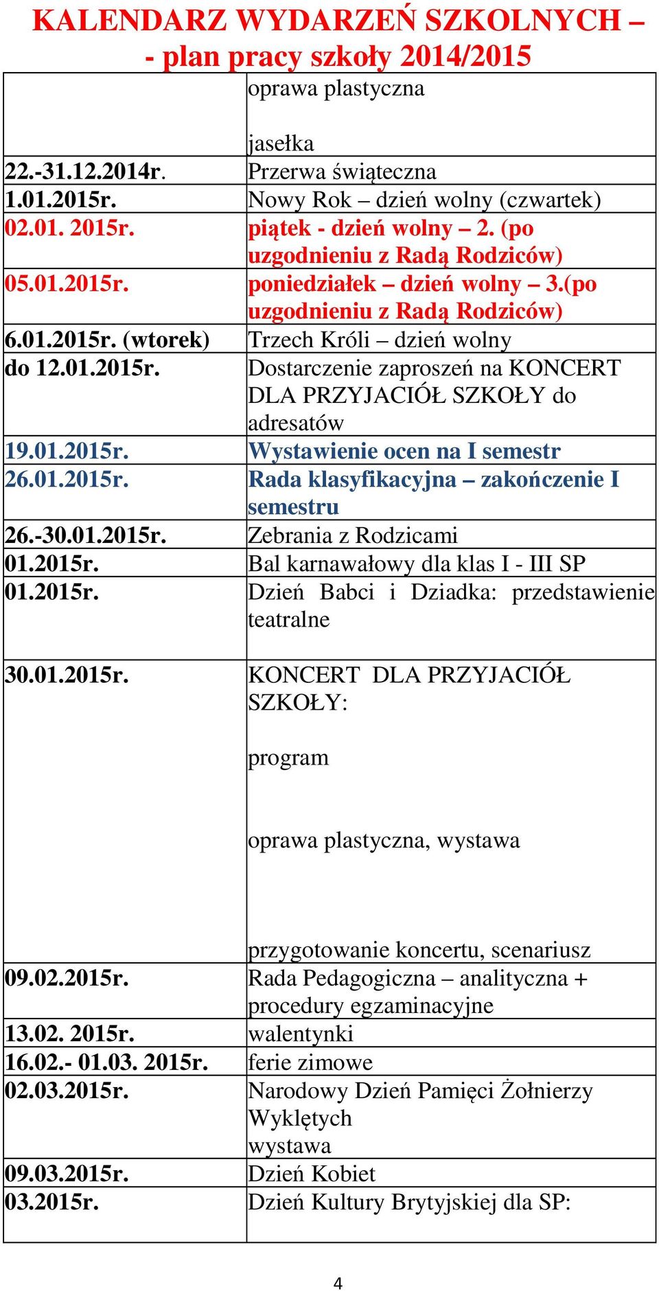 01.2015r. Rada klasyfikacyjna zakończenie I semestru 26.-30.01.2015r. Zebrania z Rodzicami 01.2015r. Bal karnawałowy dla klas I - III SP 01.2015r. Dzień Babci i Dziadka: przedstawienie teatralne 30.