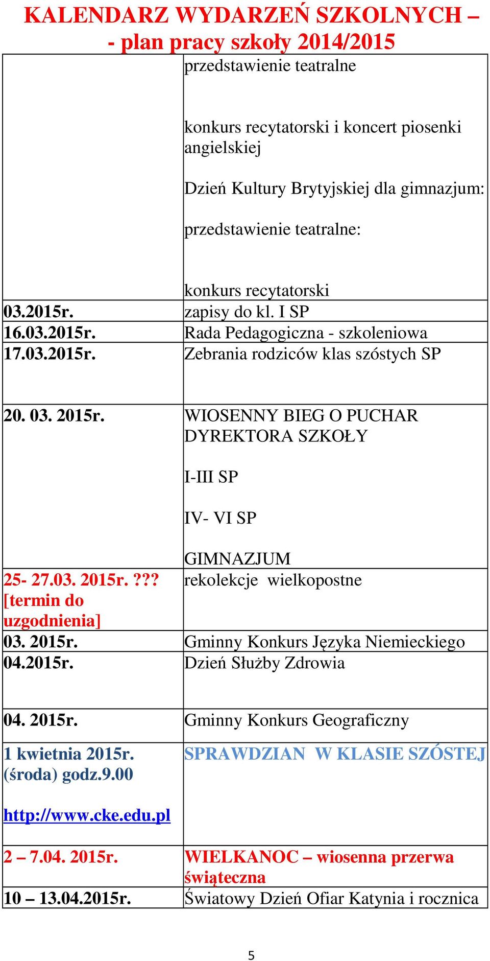 2015r. Gminny Konkurs Języka Niemieckiego 04.2015r. Dzień Służby Zdrowia 04. 2015r. Gminny Konkurs Geograficzny 1 kwietnia 2015r. (środa) godz.9.00 SPRAWDZIAN W KLASIE SZÓSTEJ http://www.