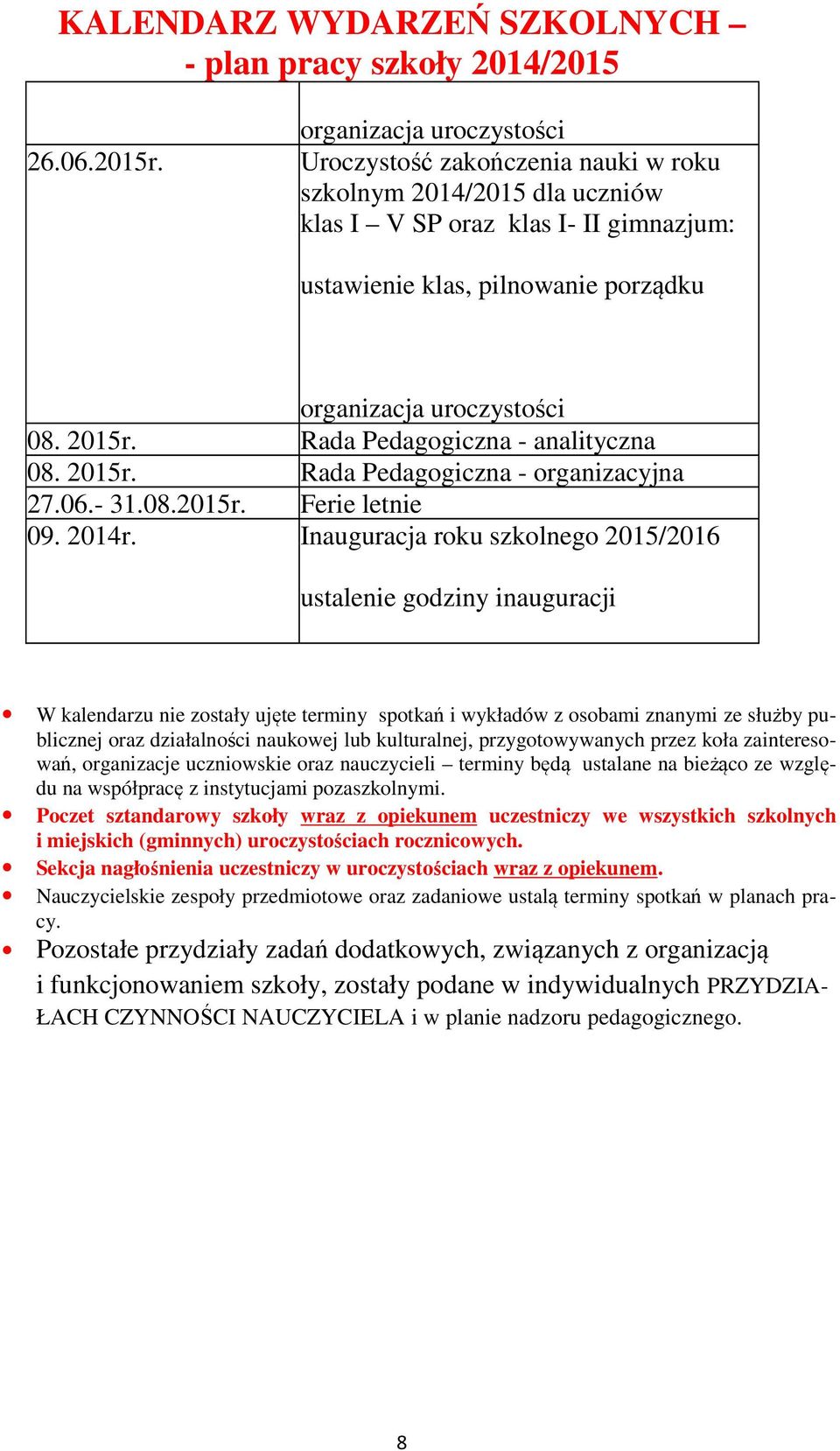 2015r. Rada Pedagogiczna - analityczna 08. 2015r. Rada Pedagogiczna - organizacyjna 27.06.- 31.08.2015r. Ferie letnie 09. 2014r.