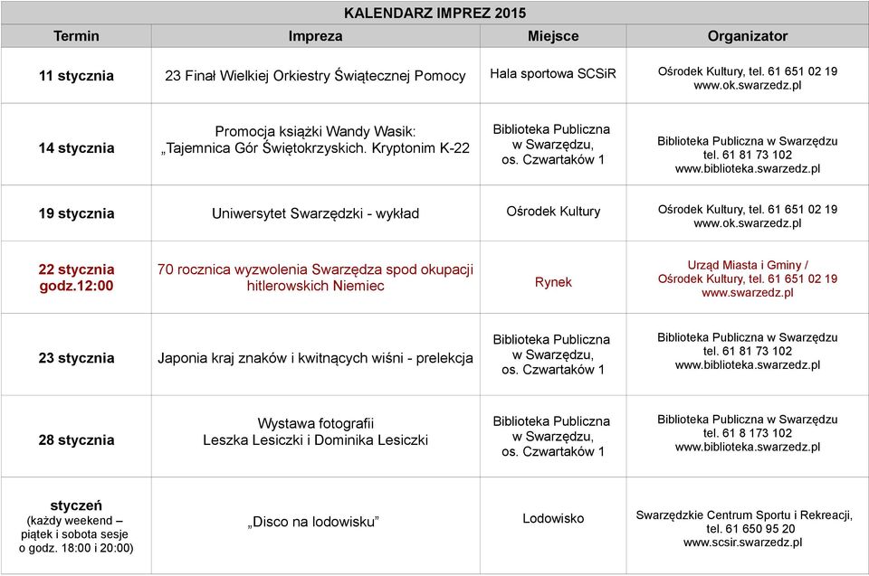 12:00 70 rocznica wyzwolenia Swarzędza spod okupacji hitlerowskich Niemiec Rynek Urząd Miasta i Gminy / Ośrodek Kultury, 23 stycznia Japonia kraj znaków i kwitnących wiśni - prelekcja w