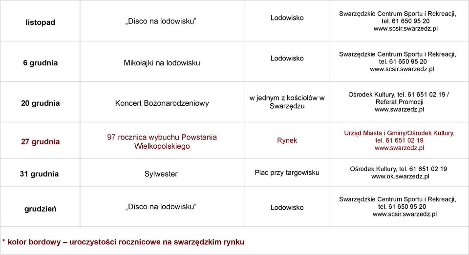 wybuchu Powstania Wielkopolskiego Rynek Urząd Miasta i Gminy/Ośrodek Kultury, 31 grudnia Sylwester Plac przy